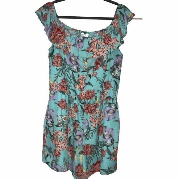 Decree Romper Juniors Sz XL Off The‎ Shoulder Mint Green Floral Pockets Girlcore - Picture 1 of 11